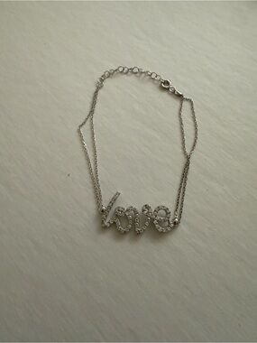 Sterling Silver 925 Italy Pavé CZ Script Love Double Chain Bracelet